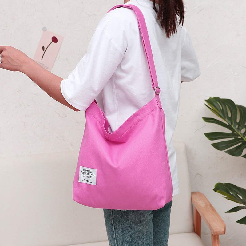 Covelin Women's Retro Large Size Canvas Shoulder Bag Hobo Crossbody Handbag Casual Tote Cerise Pink - Image 4